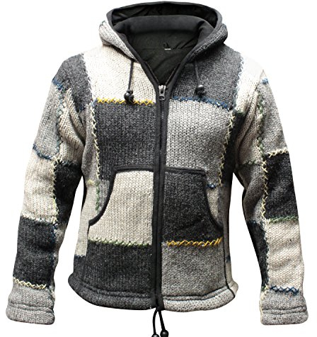 SHOPOHOLIC FASHION Giacca da Uomo in Lana Patchwork Colorata con Cappuccio Supercosy Festival Hippy Boho (Grigio Misto/L)