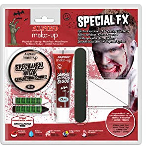 Alpino Pack de Cera FX, Sangre Falsa y Pintura Blanca y Negra para la Cara | Maquillaje de Carne Falsa para Heridas y Cicatrices | Piel Artificial para Disfraces de Halloween y Efectos Especiales