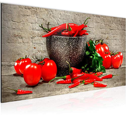 Runa Art Wandbild Küche - Gemüse 1 Teilig 100 x 40 cm Modern Bild auf Vlies Leinwand Ziegel Esszimmer Küchenbilder Braun Rot 005812a