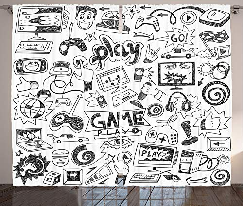 ABAKUHAUS Videospiele Rustikaler Vorhang, Sketch Stil Gaming, Wohnzimmer Universalband Gardinen mit Schlaufen und Haken, 280 x 245 cm, Weiß Schwarz