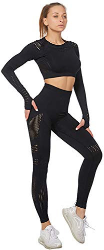 Jamron Donna Set di Abbigliamento Yoga Top Corto+Ghette 2 Pezzi Tuta Sportiva Palestra Fitness Activewear Nero SN05405 M