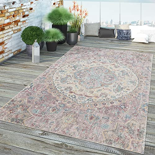 TT Home Wohnzimmer Teppich Kurzflor Wohnzimmerteppich Marokkanisch Vintage Bordüre, Farbe: Pink, Größe:160 cm Rund