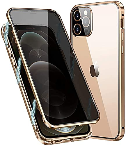 Hkess Anti-peep Magnetische Adsorption Hülle für iPhone 12 / iPhone 12 Pro Anti-Spy Handyhülle Metall Case Privat Screen Schutz doppelseitige Gehärtetes Glas Schutzhülle Anti-Spähen Flip Cover,Gold