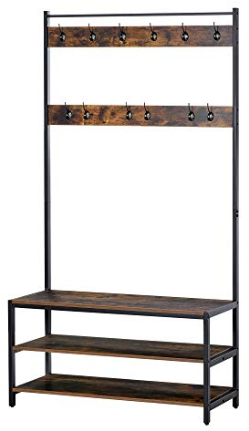 HOMCOM Garderobenständer mit 12 Haken und Schuhregal Kleiderständer Wandgarderobe Stahl Braun+Schwarz 100 x 40 x 184 cm