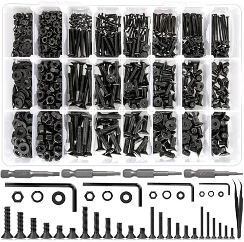 K Kwokker 1700Pcs Screws Assortment Hex Socket Flat Head 24 Size M2 M3 M4 M5 Black Screws, Nuts and Bolts, 10.9 Alloy Steel 8MM to 25MM Metric Bolt Assortment Machine Screws, 8/10/12/16/20/25mm