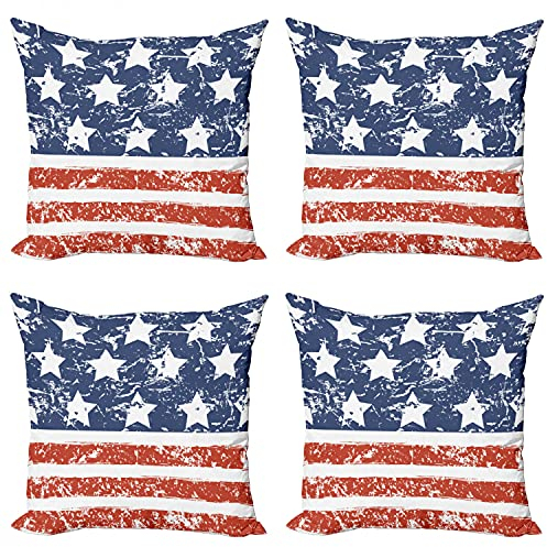 ABAKUHAUS Amerika Kissenbezug Set (4 Stück), Flagge mit Grunge-Effekt, moderner doppelseitiger Digitaldruck, 40 cm, Rot-Blau und Weiß