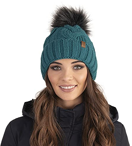 VIVISENCE Wintermütze Mit Bommel Damen Perfekte Passform Warmes Strickmütze Herbst Frauen Mütze Für Winter Aufgerolltem Design Für Extra Wärme Ideal Für Kalte Wintertage, Dunkeltürkis,Einheitsgröße