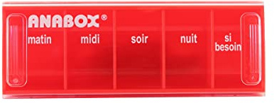 Anabox - Pilulier journalier 5 compartiments - Organisateur de médicaments quotidien Orange fluo - Cases Matin Midi Soir Nuit + Urgence - Système sécurisé - Lavable lave-vaisselle