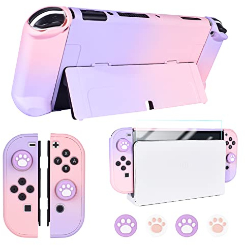 DLseego Coque de protection compatible avec les manettes Nintendo Switch OLED Joy-Con 2021 avec protecteur d'écran en verre et 4 jolis capuchons de pouce, coque tactile anti-rayures - Rose et violet
