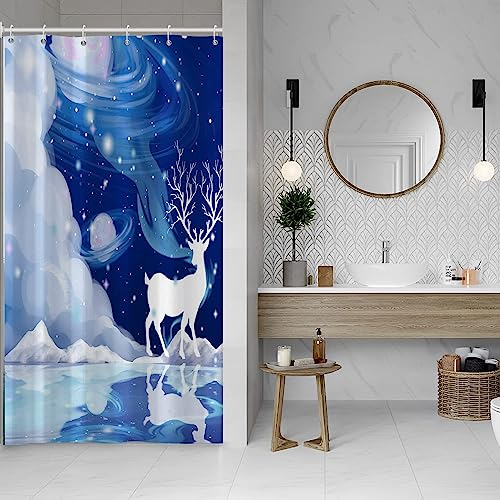 SDOTPMT 90x183cm Wunderschönen Elch Duschvorhang Weiß Tierwelt REH Universum Planet Milchstraße Badevorhang Karikatur Tier Badewanne Vorhang Stoff Polyester Wasserdicht für Badezimmer mit Haken