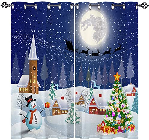 ANHOPE Christmas Curtains Eyelet 80% Blackout Room Darkening Curtains with Xmas Tree Snowman Santa Claus Print Pattern Light Blocking Window Drapes for Bedroom Living Room 30 x 63 Inch Drop 2 Panels