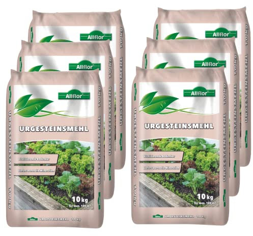 Allflor Urgesteinsmehl 6 x 10kg I Kieselsäure für leuchtende Farben & besseren Geschmack bei Obst & Gemüse I Dünger Hergestellt aus Lavastein I Enthält u.a. Kalk & Magnesium I Dünger Gemüse