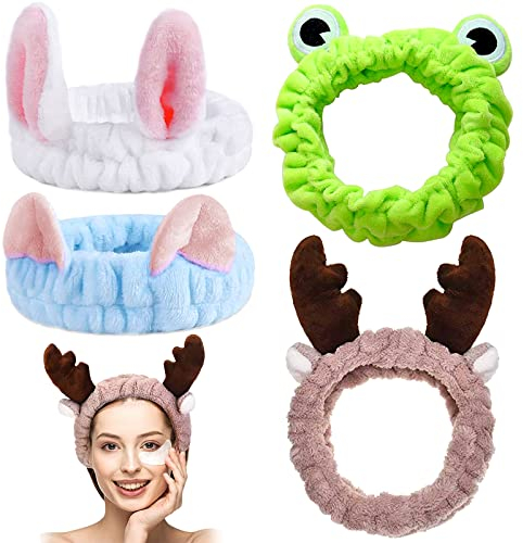 4 Stück Make Up Haarband, Elastic Cosmetic Stirnband, Frauen Stirnband kosmetik, Kosmetik Stirnband mit Ohr, Abschmink Haarband für Make Up Waschen Gesicht Spa Yoga Sport(Blau, Grün, Khaki, Weiß)