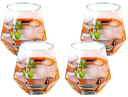 NAVACALA Diamond Whiskey Glasses, Set of 4 Water Juice Tumbler Tilted Scotch Glass 300ml Whisky Glass, Glassware for Bourbon/Rum/Bar Tumbler (Rainbow)
