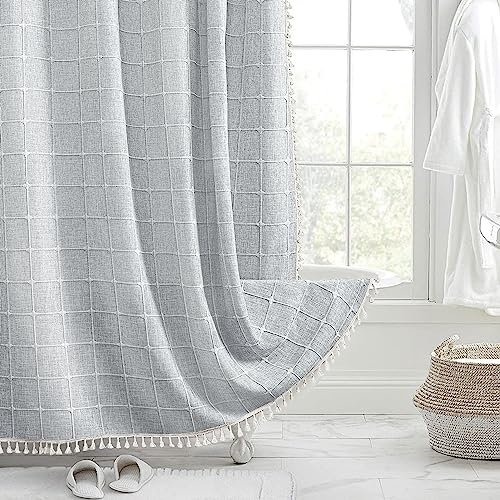 Long rideau de douche en lin pour salle de bain moderne et rustique avec pampilles – 183 x 213 cm – Tissu gris, infroissable, robuste et imperméable