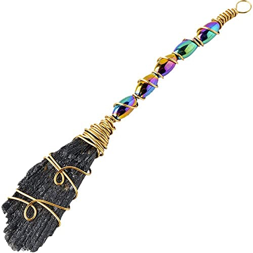 vepoty Natural Crystal Tourmaline Broom Colorful Decorative Witch Broom Diy Handmade Broom Ornament for Home Decoration