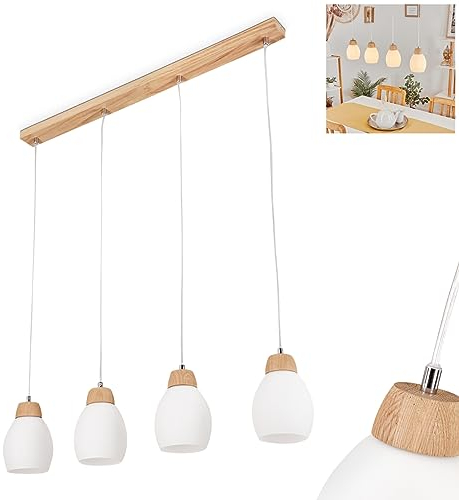 Hängeleuchte Ombucta, Hängelampe aus Holz/Glas in Natur/Weiß, Leuchte im Vintage/Retro Design mit Schirmen aus Glas (Ø 12,5 cm), Höhe max. 104 cm, 4 x E27, ohne Leuchtmittel