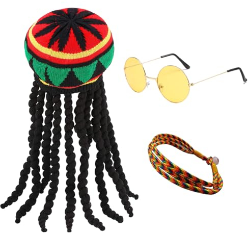 ZOOMPIL Rasta Mütze, Mütze Rasta Dreadlocks, Jamaica Mütze, mit Runde Brille und geflochtenes Armband, Mehrfarbig, Jamaica, Maskerade-Kostümzubehör für Partys, Cosplay, 3 Stück