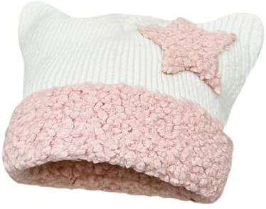 Cat Beanie Y2k Beanie Star Patch Crochet Strickmütze Grunge Acubi Y2k Zubehör Kawaii Cutecore Korean Gyaru Kleidung, Pink, Einheitsgröße