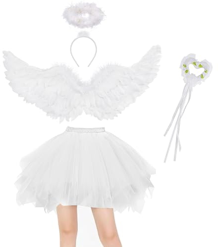 4 piezas de disfraces de ángel señoras conjunto 80CM alas de ángel blanco adulto ángel diablo hada traje de tul falda con halo varita mágica para carnaval de Halloween cosplay disfraz de fantasía