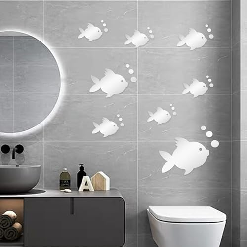 AINIUNIU Adesivo Murale in Acrilico 3D Specchio Pesci e Bolle Adesivi, Rimovibile Adesivo Specchio D'argento DIY, per Camera da Letto, Soggiorno, Bagno, Adesivi per La Decorazione Della Casa 