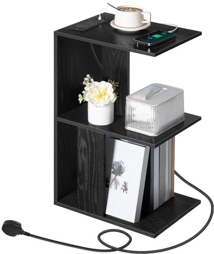 MAHANCRIS End Table with Charging Station, Narrow Side Table for Small Spaces with USB Ports and Outlets, Bedside Nightstand with Light for Living Room, Black AETHB18KE01