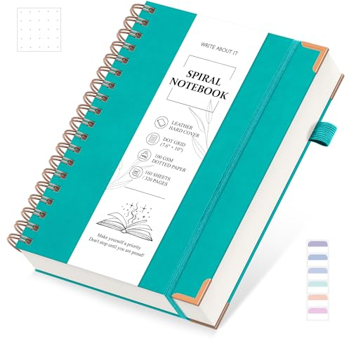 Notizbuch B5 Gepunktetes, Notizblock, Bullet Dot Grid Journal, Spiral Notizbücher 320 Seiten zum Schreiben, 100gsm, Leder Hardcover, für Frauen Männer Arbeit Büro Schule, 19 x 25 cm - Türkis