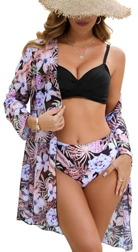 UMIPUBO Costume da Bagno Donna 3 Pezzi Bikini con Copricostume da Mare Imbottito Reggiseno Costumi da Mare Bikini Top Slip da Bagno Bikini Cover Up Abiti da Spiaggia Beachwear Pareo (Nero, XL)