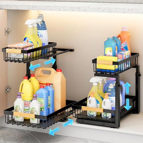 Kitstorack Metall Spülschrank Organizer, 2 Stück Unter Waschbecken Regal Organizer, 2-stufig Herausgleiten Ausziehbares Lagerregal Organizer für Küche, Badezimmer, Speisekammer, Schrank