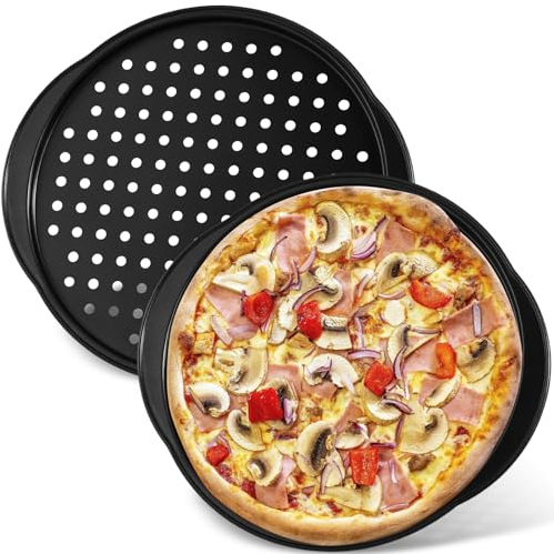 2 Pack 14 inch Pizza Trays for Oven Non Stick Pizza Baking Tray with Holes and Handles Carbon Steel Round Pizza Pan for Oven Microwave Fridge Freezer Dishwasher Safe