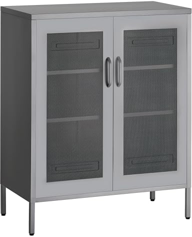 HOMSTEEL Aufbewahrungsschrank aus Metall, Sideboard-Schrank mit Gittertüren, Schnapsschrank mit verstellbaren Einlegeböden für Küche, Wohnzimmer, Home Office, Silber Weiß