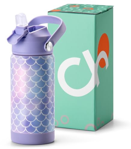 Choco Mocha Edelstahl Trinkflasche Kinder mit Strohhalm für Mädchen Thermosflasche Kinder Auslaufsichere Trinkflasche Isolierte Wasserflasche für Schule BPA-frei 14 Oz/450mL,Lila Meerjungfrau