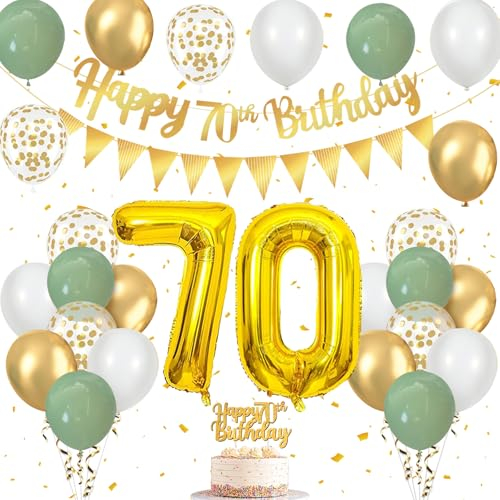 70 Geburtstag Deko Salbeigrün, Luftballons 70. Geburtstag mit Luftballons Grün Gold Weiß, Happy Birthday Girlande, Tortendeko Geburtstag, Wimpelkette Gold, für Deko 70 Geburtstag Frauen Männer