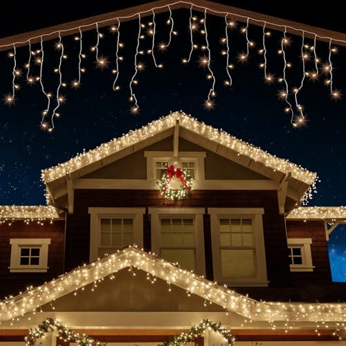 ANSIO® Outdoor Christmas Lights 120 LED 4m/13ft Icicle Lights Outdoor & Indoor Warm White Decorations String Fairy Outside Lights with Timer for Xmas Garden Bedroom & Party|Mains Powered Clear Cable