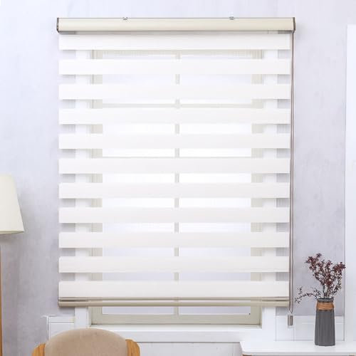 Zebra Blinds Roller Shades Blackout Curtain for Window,Double Layer Sheer Window Treatment Privacy Light Control Roller Blind for Living Room Office (White,150x150cm)