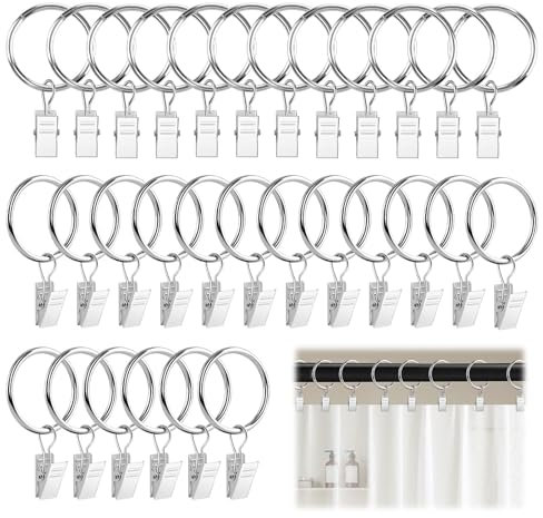 ALLisWE 30 Piezas Anillas para Cortinas con Pinza Clips 32mm Diámetro Interior Argollas para Cortinas Decorativos de Metal Anillas con Pinzas para Ventana, Puerta, Cortinas de Ducha, Tendederos