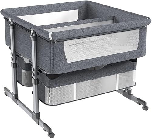 MIDUOLAI Babybett FüR Zwillinge, Babybettchen, Kinderbett Mit Aufbewahrungskorb, Tragbares Babybett Mit Stubenwagen, HöHenverstellbar, FüR Babys Von 1 Bis 36 Monaten,Dark Grey