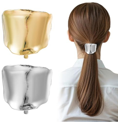 Ouligay 2 Pcs Metal Ponytail Cuffs, Concave Convex Texture, Insert Hair Accessories for Women Long Hair Decoration (Gold, Silver)