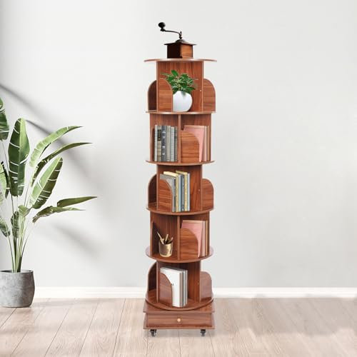 Gorgivous 360° Drehbares Bücherregal Walnuss 5 Etagen Modernes Bodenstehendes Bücherregal auf Rädern für mehrstöckige Lagerregale