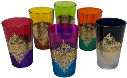 Générique SULTANAMA - Ensemble de 6 Verres à Thé Marocains - Fabrication Artisanale, Couleurs Vives avec Dorures (Modèle 07, Medium)
