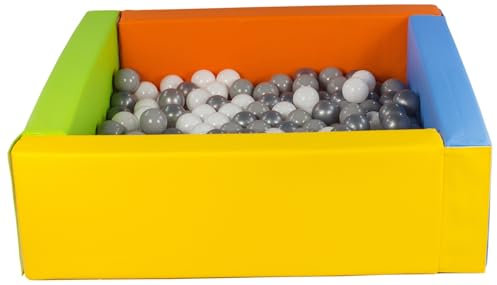Piscine à balles carrée avec 200 balles, Cuir écologique, 5 éléments (Couleur de la Piscine/de balles: Jaune, Vert, Bleu, Orange/Blanc, Gris, Argent)
