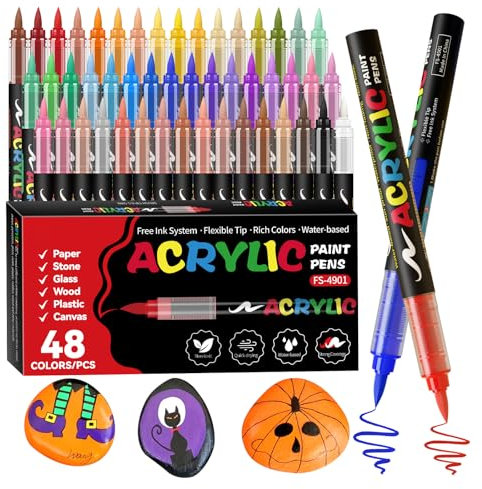 Alitastro Paint Pens Acrylic Markers - 48 Colors Brush Tip Water Based Marker Pens for Rock Painting, Wood, Ceramic, Glass, Acrylic Paint Markers for Christmas Easter Egg Pumpkin Making