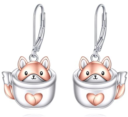 POPLYKE Fuchs Ohrringe für Frauen 925 Sterling Silber Cup Fuchs Dangle Leverback Ohrringe Nette Tier Schmuck für Damen