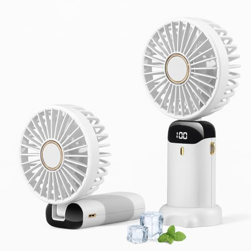 LUMEYA - Ventilador USB recargable portátil, mini ventilador de escritorio a mano, 5 velocidades con base, pantalla LED, silencioso, plegable, color blanco