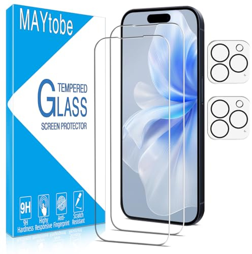 MAYtobe 2 Pack Screen Protector for iPhone 15 Pro Max Tempered Glass with 2 Pack Camera Lens Protector, 9H Hardness, Case Friendly, Bubble Free, Anti Scratch, Easy To Install