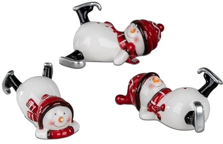 formano Dekoration Weihnachten Winter Schneemann rot-Weiss 1 Set mit 3 Stück, 11cm aus glasiertem Steingut gefertigt und handbemalt