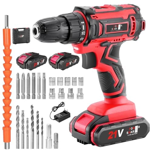 VANBAR Akkuschrauber, Drehmoment auf 25+3 Stufen Bohrmaschine Schrauber Set, 21V, 45Nm max, Schlagbohrfunktion, 2 Gang Akku Bohrschrauber mit LED-Licht für Metalloberflächen, Holz