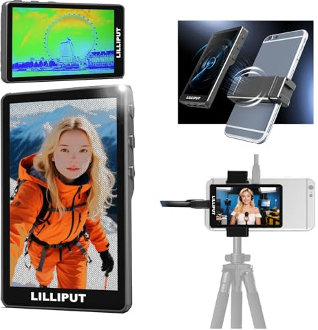 LILLIPUT V4 - Mini monitor da 3,97 pollici, 1080P, fotocamera posteriore magnetica, selfie monitor, Zebra& False Color, compatibile con iPhone e Android, per selfie, Vlog, Live Streaming, TikTok (nero