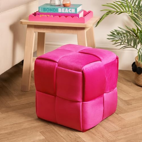 OHS Hot Pink Foot Stool, Matte Velvet Square Ottoman Footrest Modern Dressing Table Chair Small Stool Side Sofa Seat Pouffe Footstool for Living Room Bedroom Office