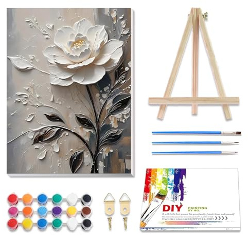 Yaostarart Peinture numero adulte fleurs blanche avec cadre 30×40cm | Peinture par numéros pour adultes fleur blanche, paint by numbers for adults, cadeaux et décoration murale
